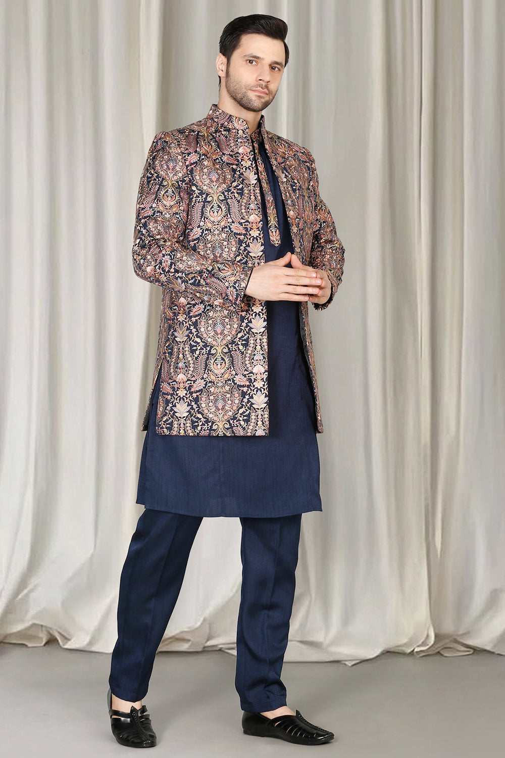 Kashmiriyat Embroidered Long Open Jacket With Kurta And  Pants
