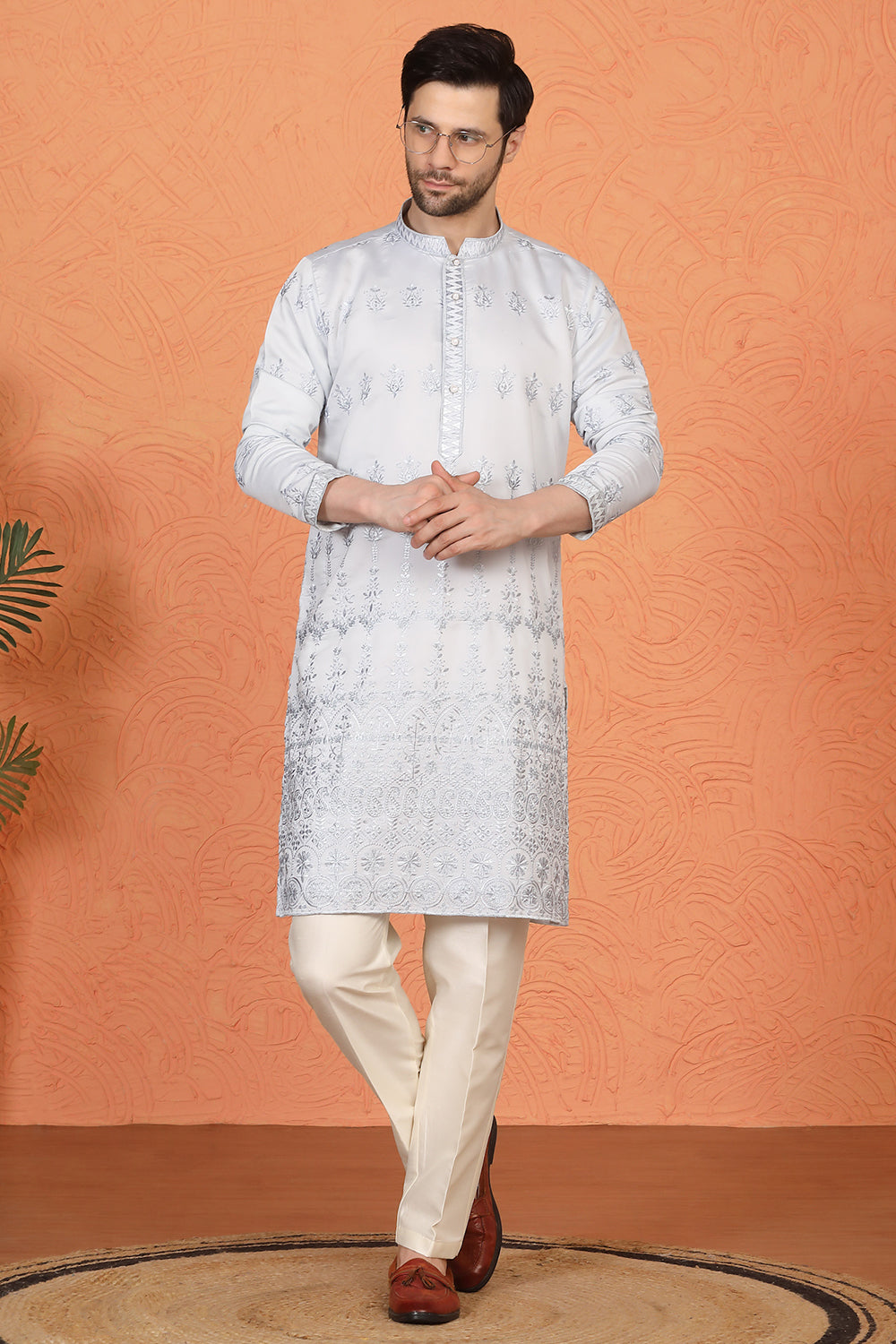 Lucknowi  Embroidered Nawaab Saab Kurta with Back Elastic Pants