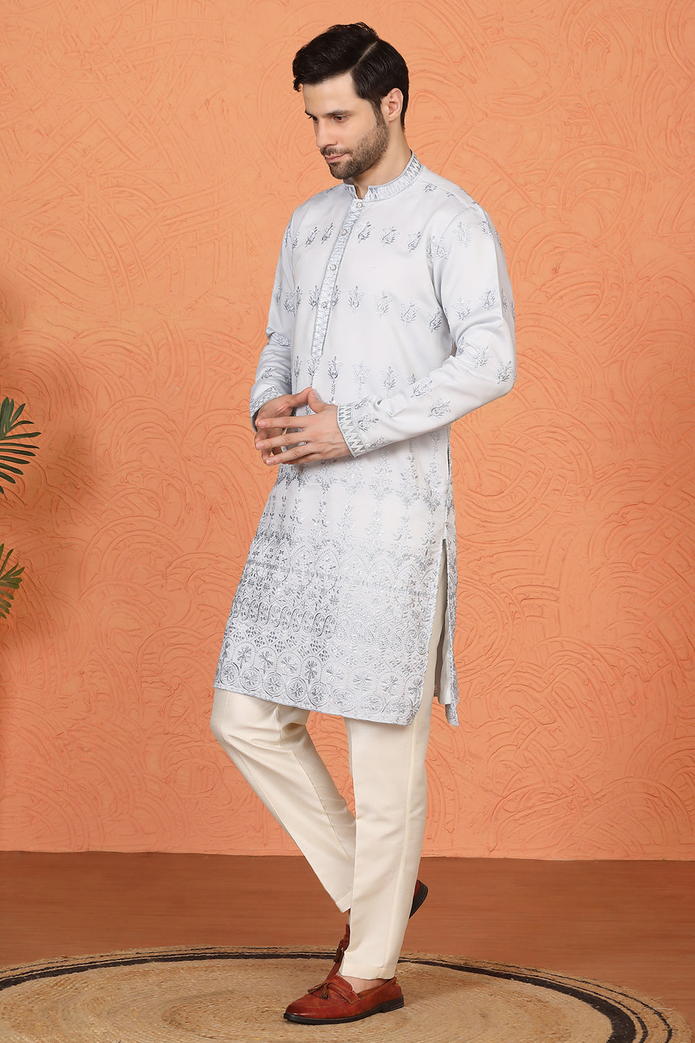 Lucknowi  Embroidered Nawaab Saab Kurta with Back Elastic Pants