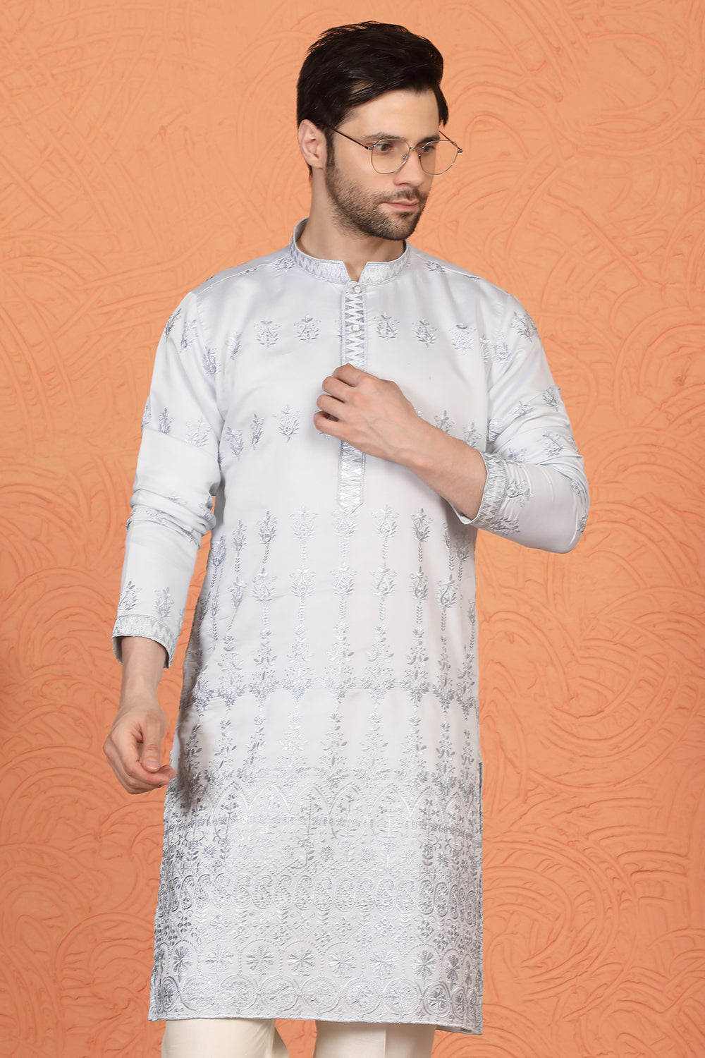 Lucknowi  Embroidered Nawaab Saab Kurta with Back Elastic Pants