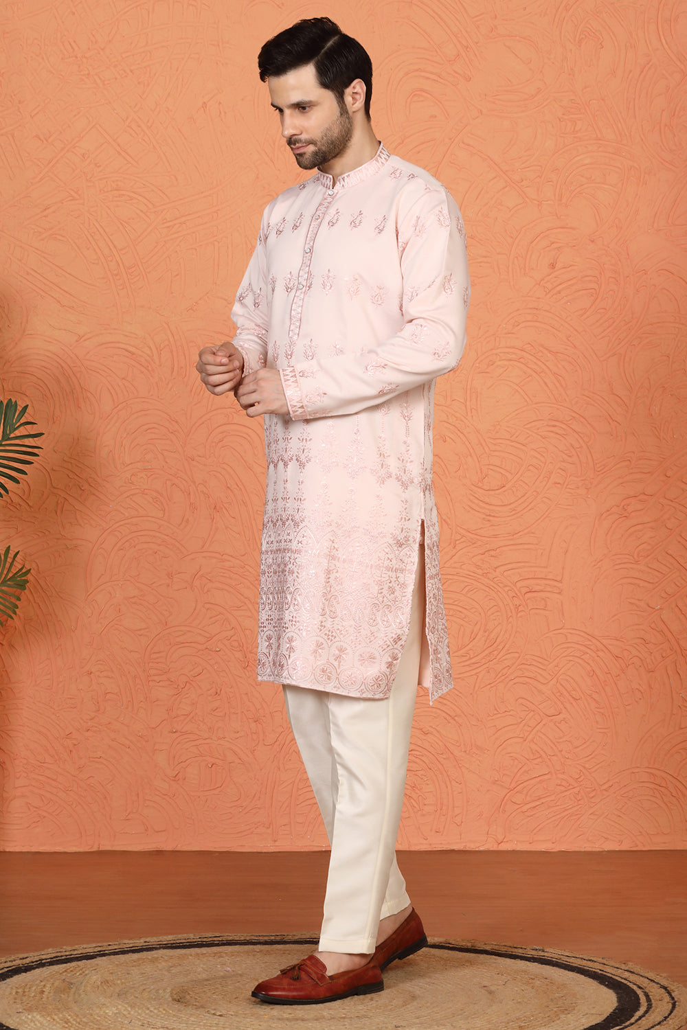 Lucknowi  Embroidered Nawaab Saab Kurta with Back Elastic Pants