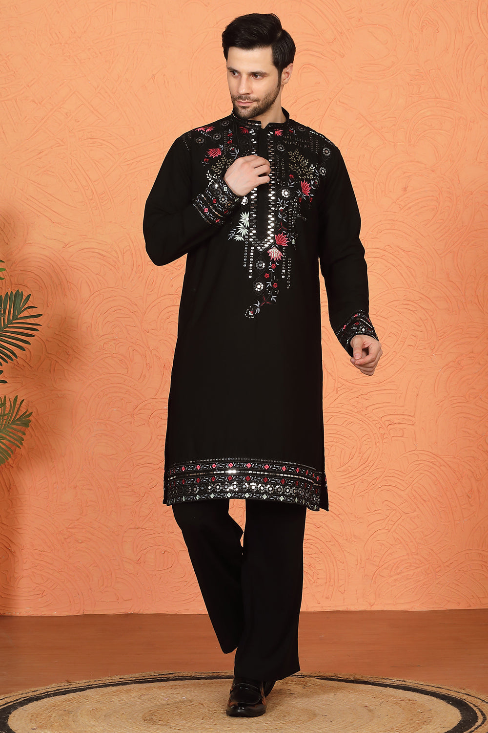 Multi Colored Flora Embroidered Kurta with Loose Fit Parallel Matching  Pants