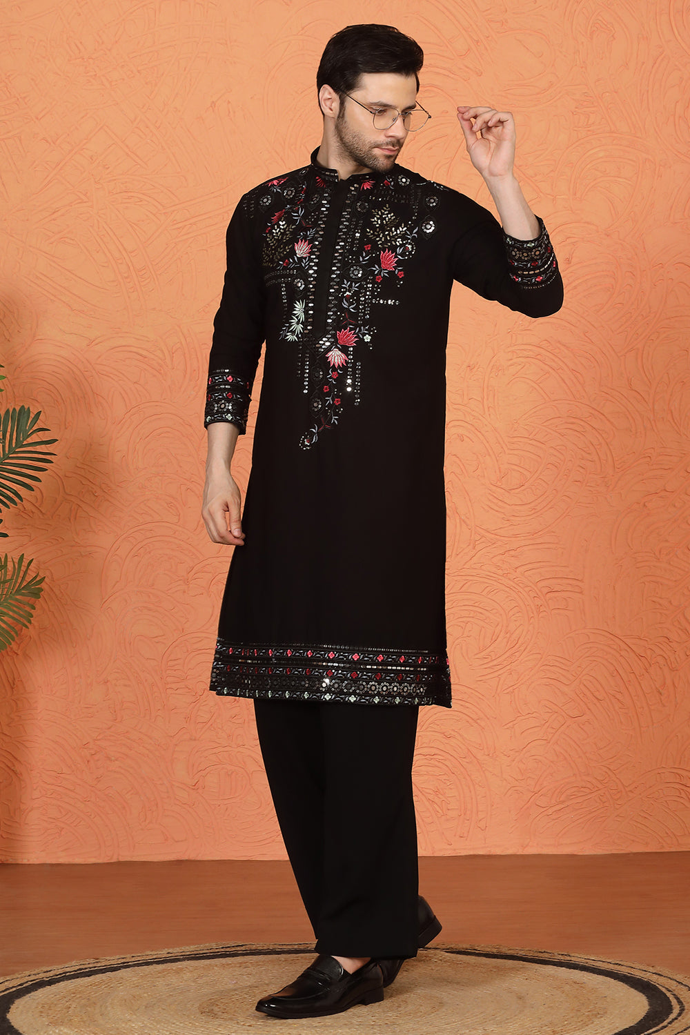 Multi Colored Flora Embroidered Kurta with Loose Fit Parallel Matching  Pants