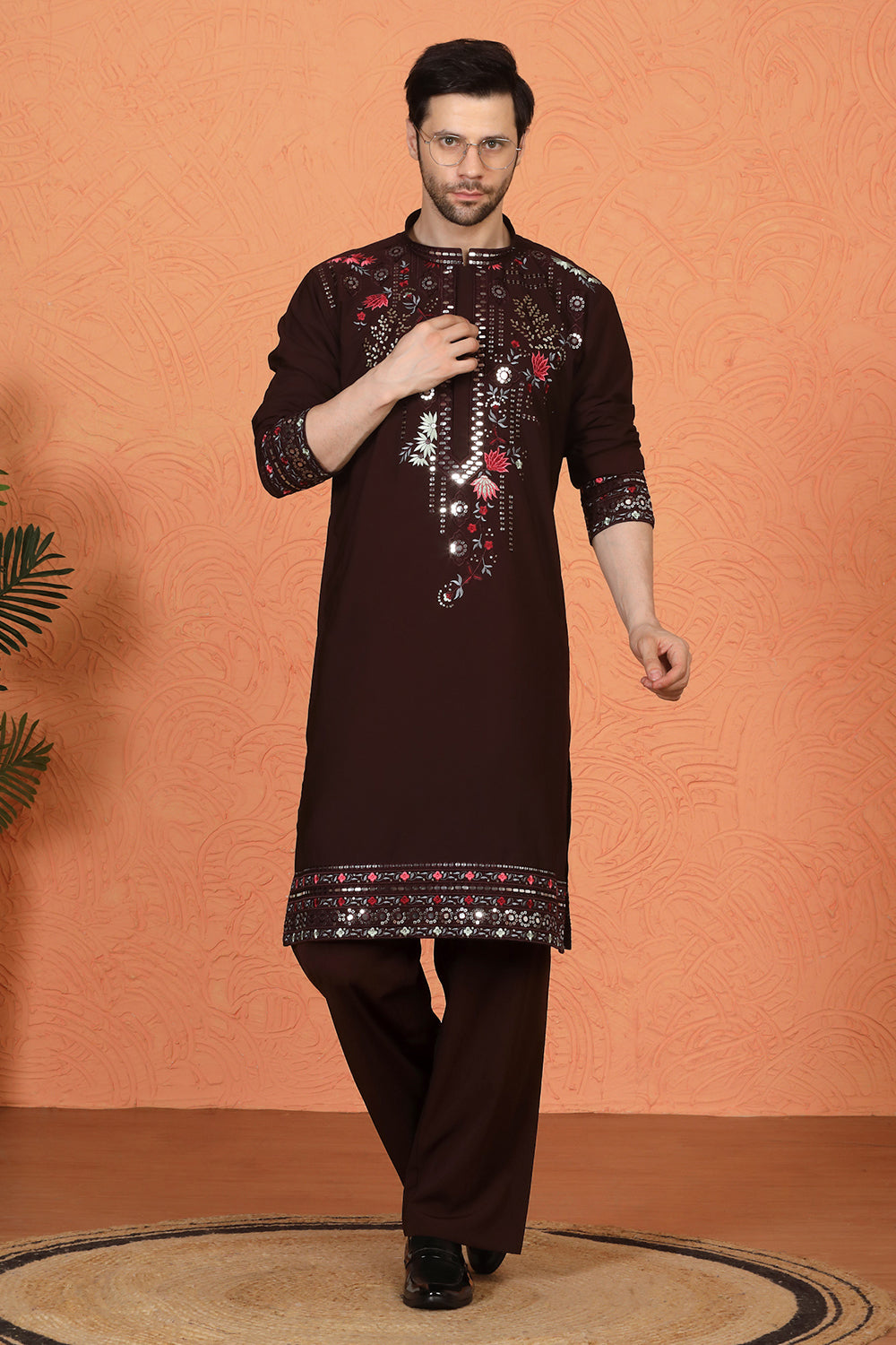 Multi Colored Flora Embroidered Kurta with Loose Fit Parallel Matching  Pants