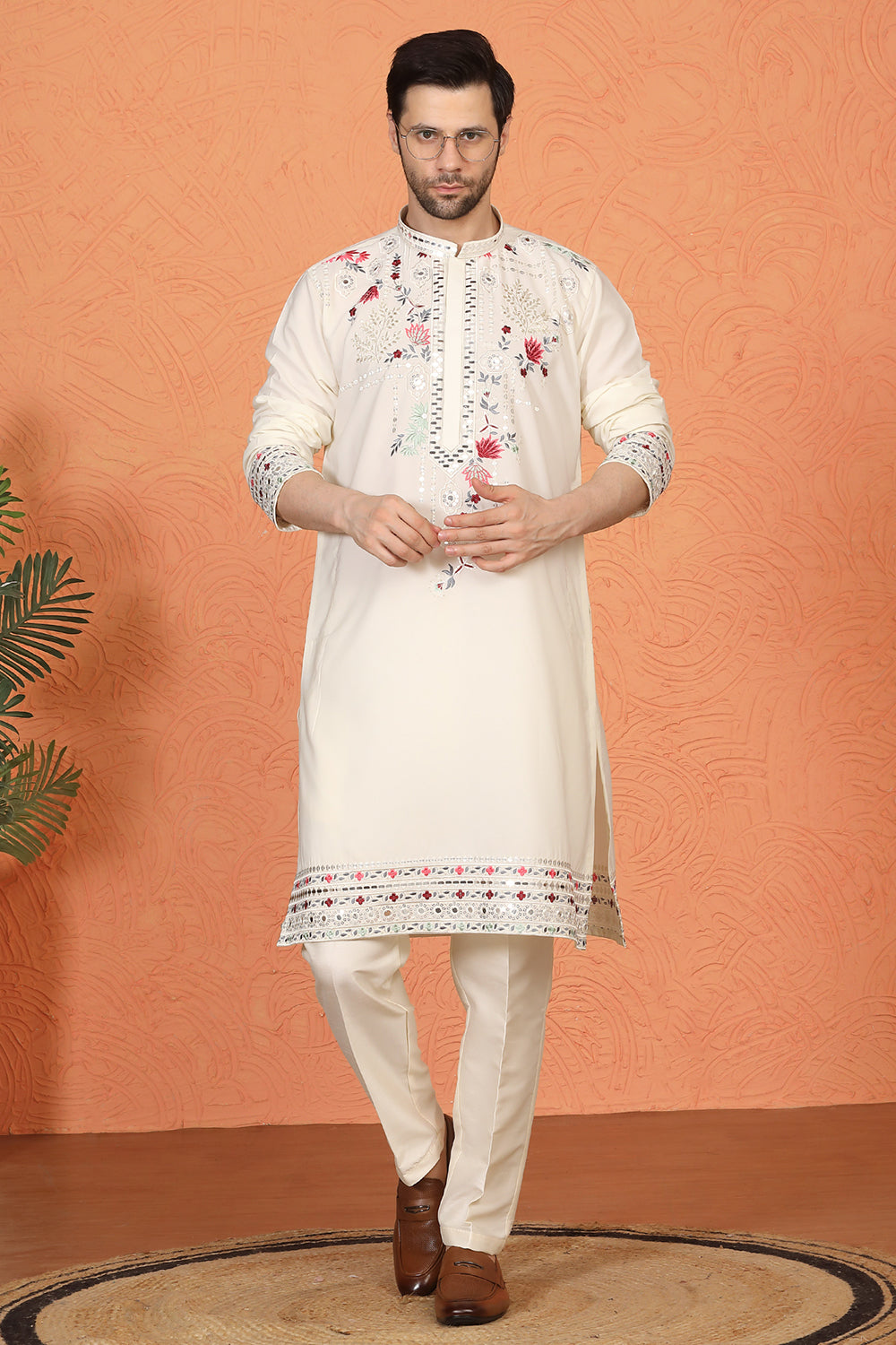 Multi Colored Flora Embroidered Kurta with Straight  Fit  Back Elastic  Pants