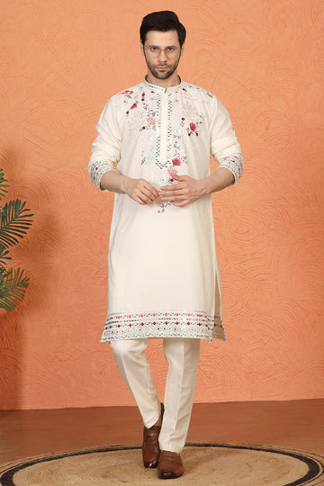 Multi Colored Flora Embroidered Kurta with Straight  Fit  Back Elastic  Pants