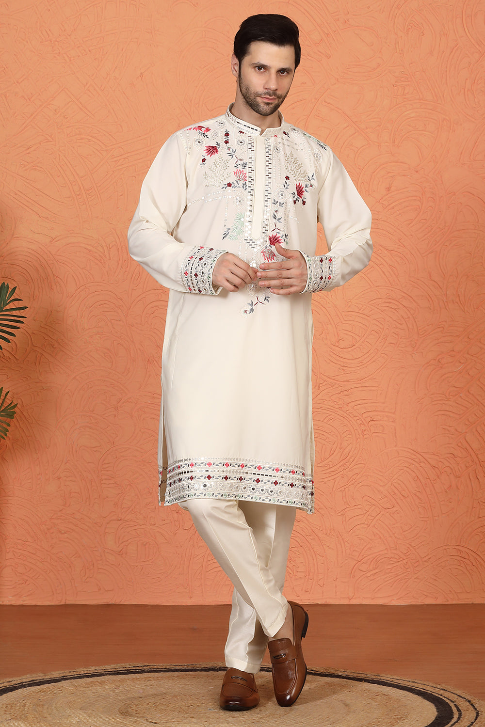 Multi Colored Flora Embroidered Kurta with Straight  Fit  Back Elastic  Pants