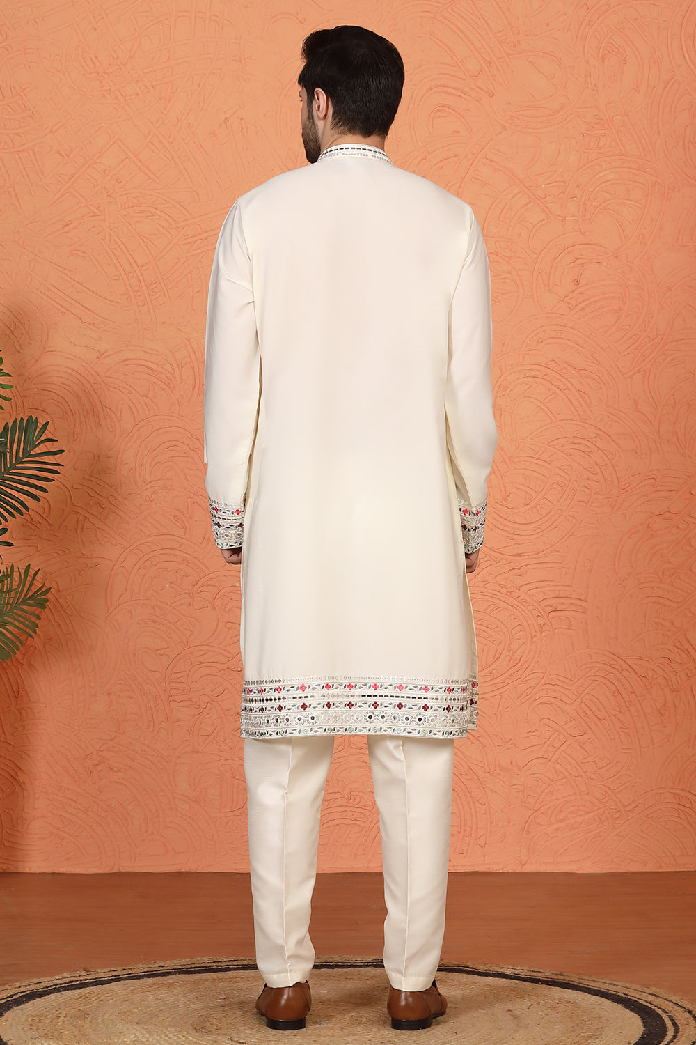 Multi Colored Flora Embroidered Kurta with Straight  Fit  Back Elastic  Pants