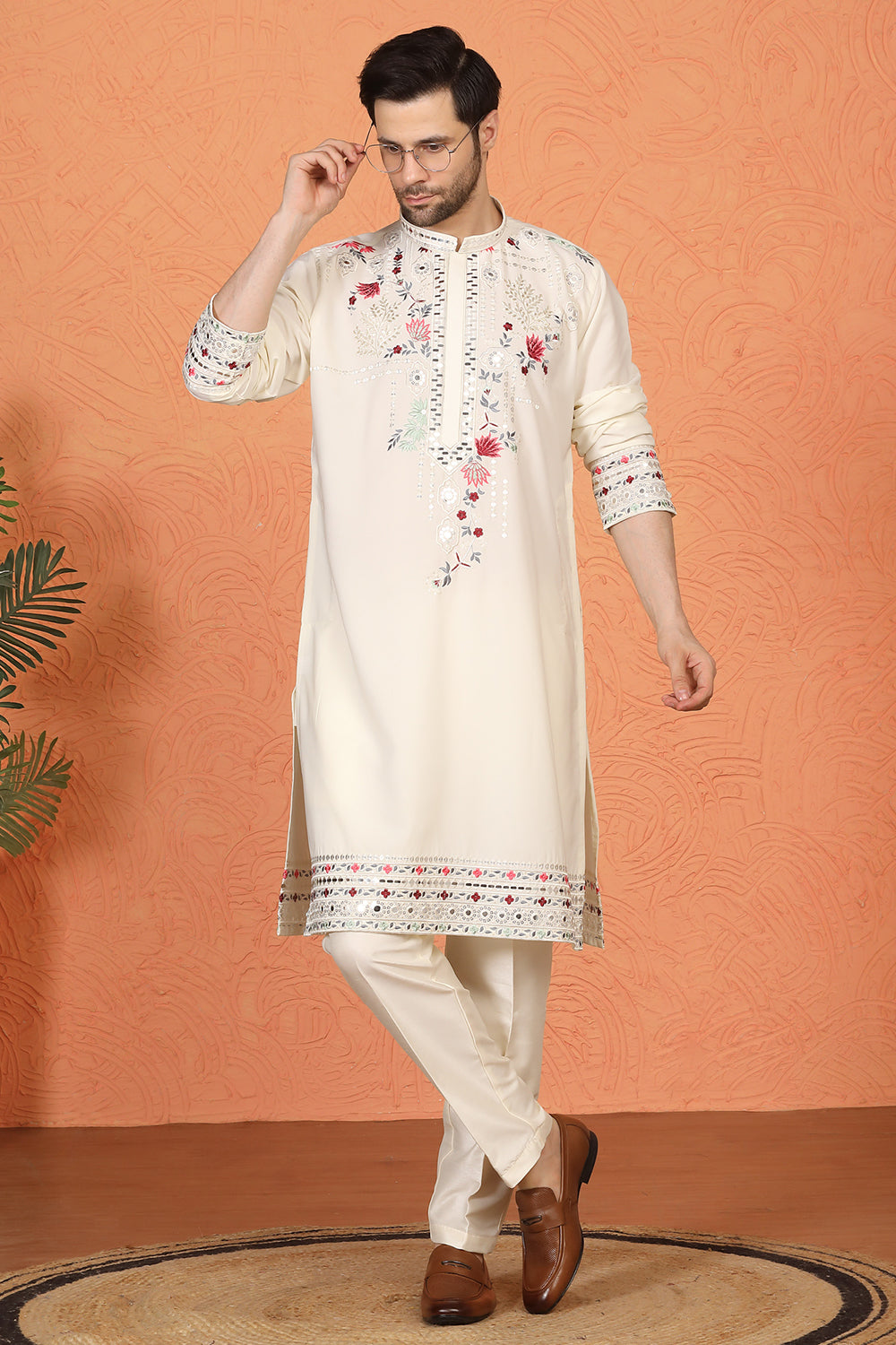 Multi Colored Flora Embroidered Kurta with Straight  Fit  Back Elastic  Pants