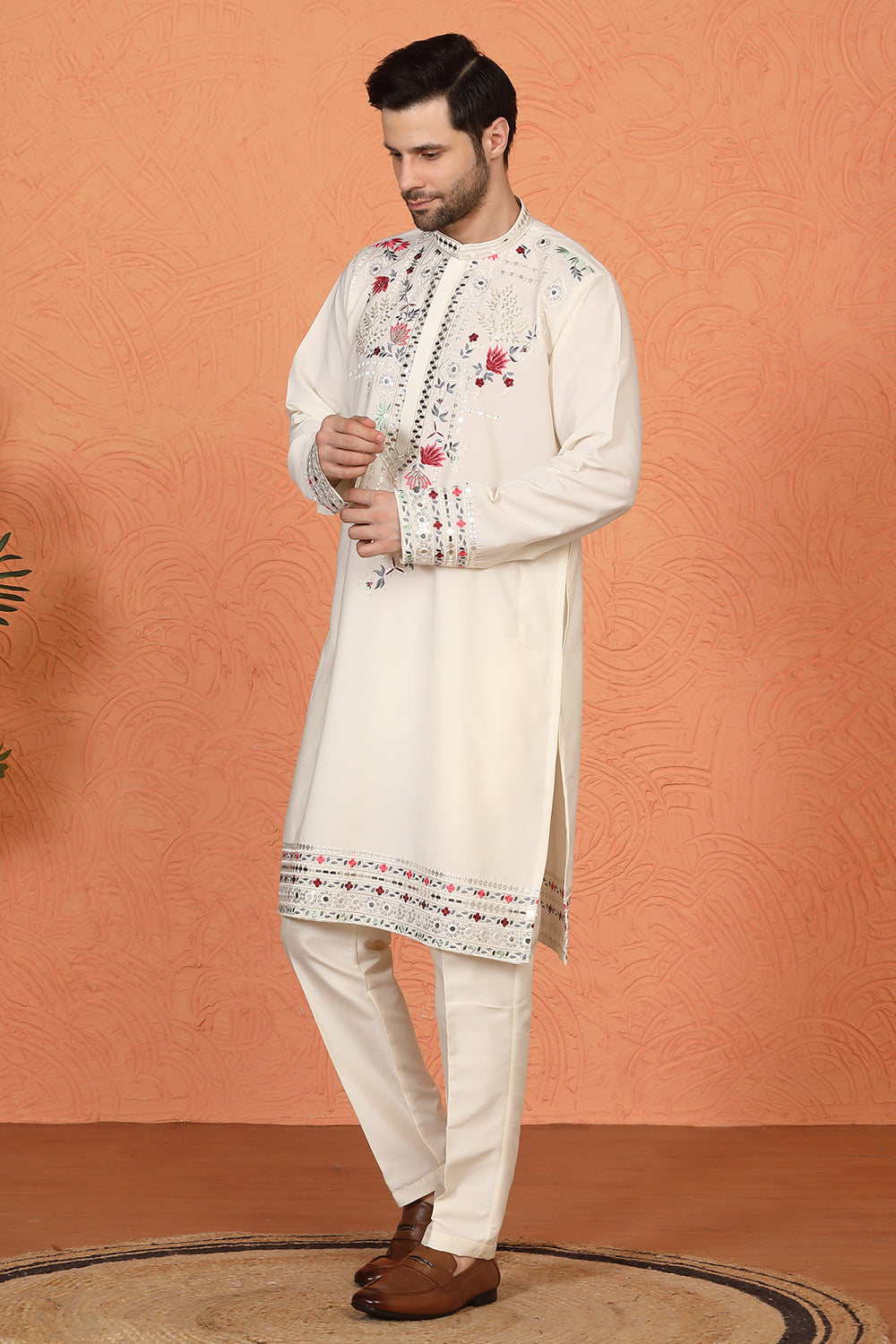 Multi Colored Flora Embroidered Kurta with Straight  Fit  Back Elastic  Pants