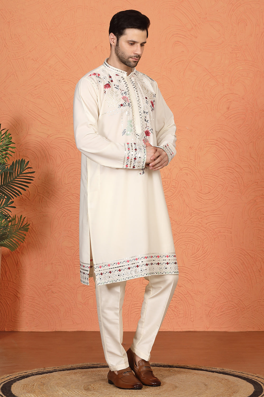 Multi Colored Flora Embroidered Kurta with Straight  Fit  Back Elastic  Pants