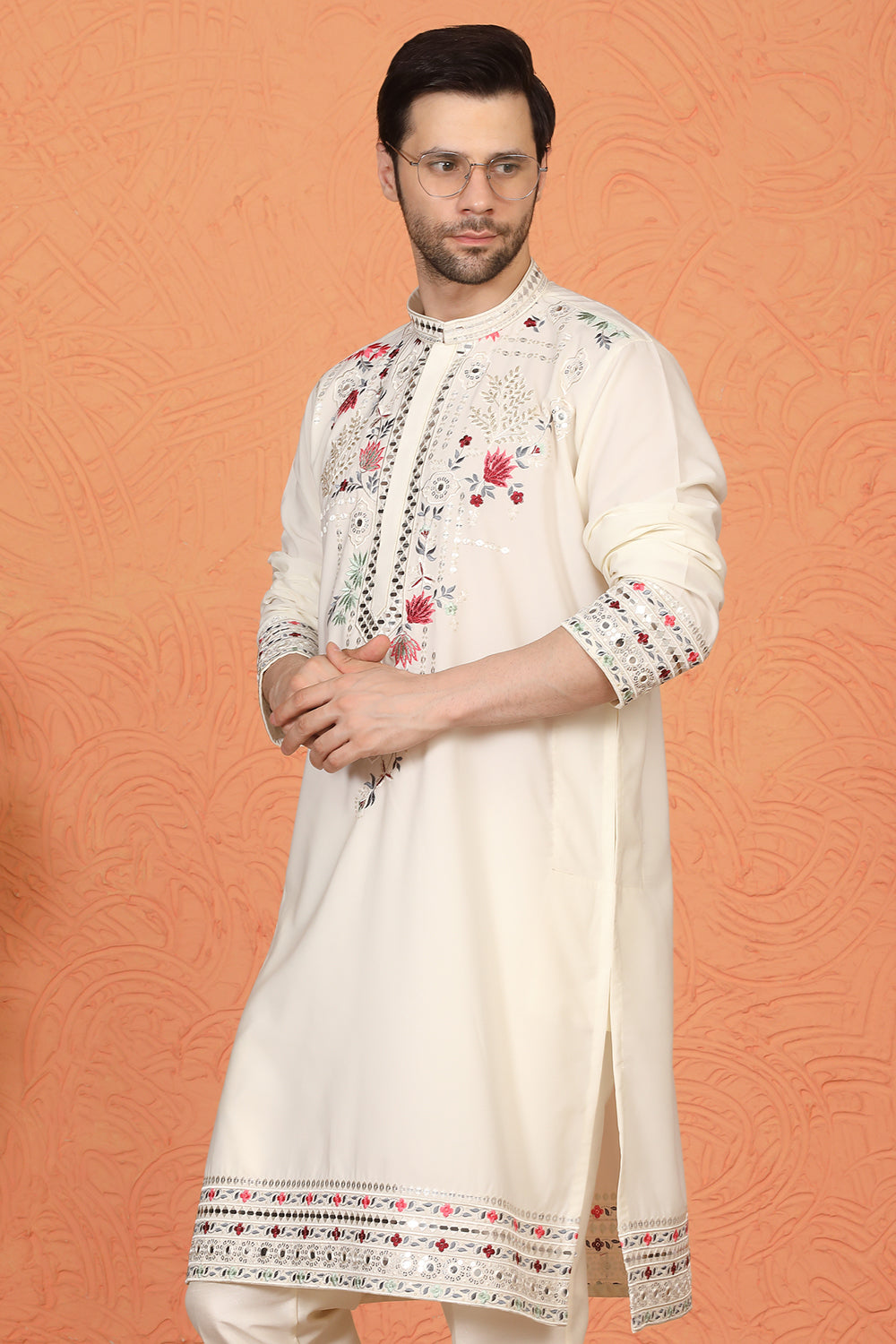 Multi Colored Flora Embroidered Kurta with Straight  Fit  Back Elastic  Pants