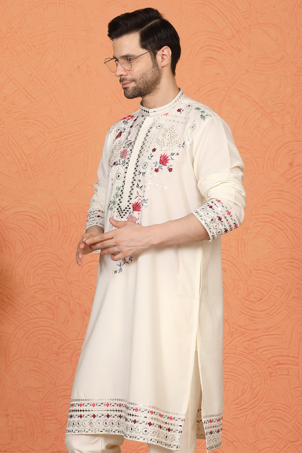 Multi Colored Flora Embroidered Kurta with Straight  Fit  Back Elastic  Pants