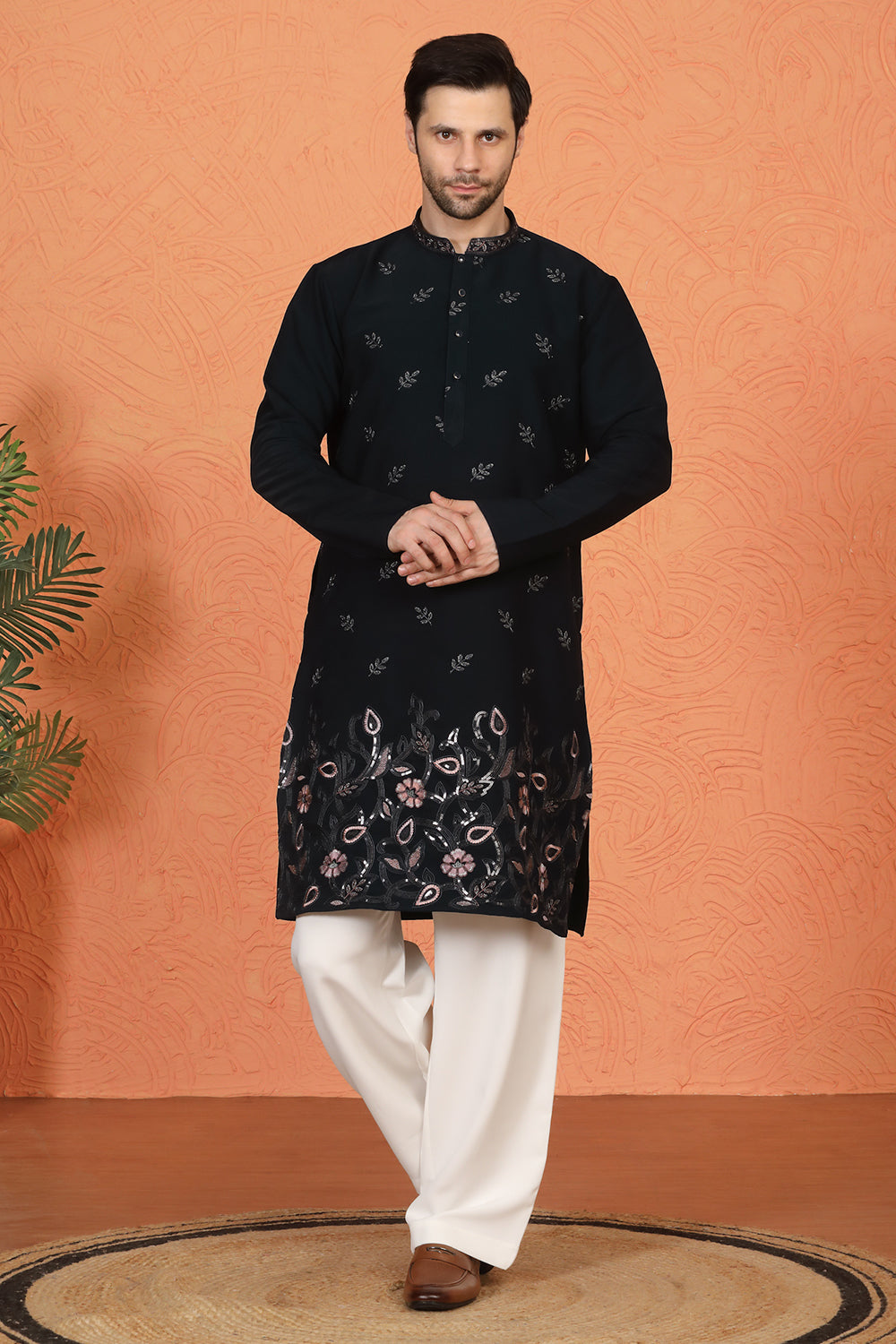 Phool Buta  Patti Embroidered Kurta with Loose Fit Parallel Matching  Pants