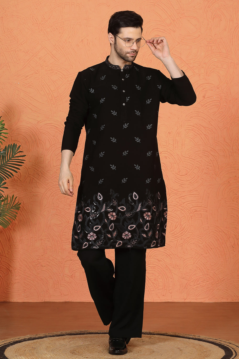 Phool Buta  Patti Embroidered Kurta with Loose Fit Parallel Matching  Pants