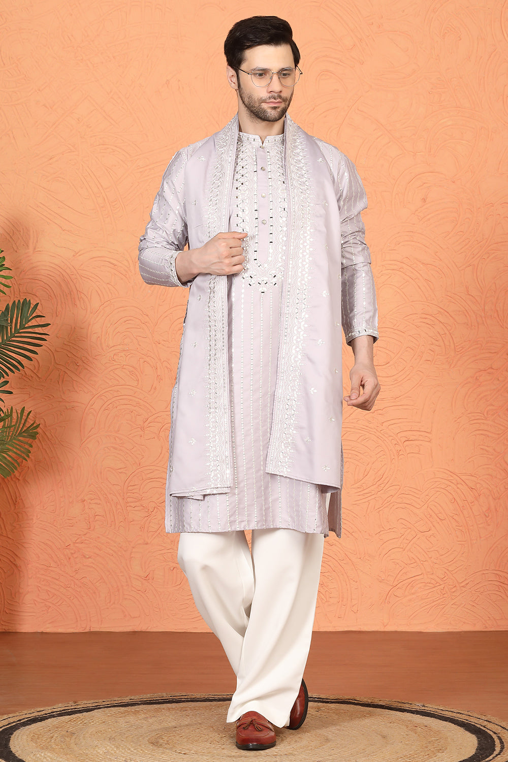 Raas Mirror  Embroidered Kurta with  Loose Fit Parallel  Pants And Dupatta