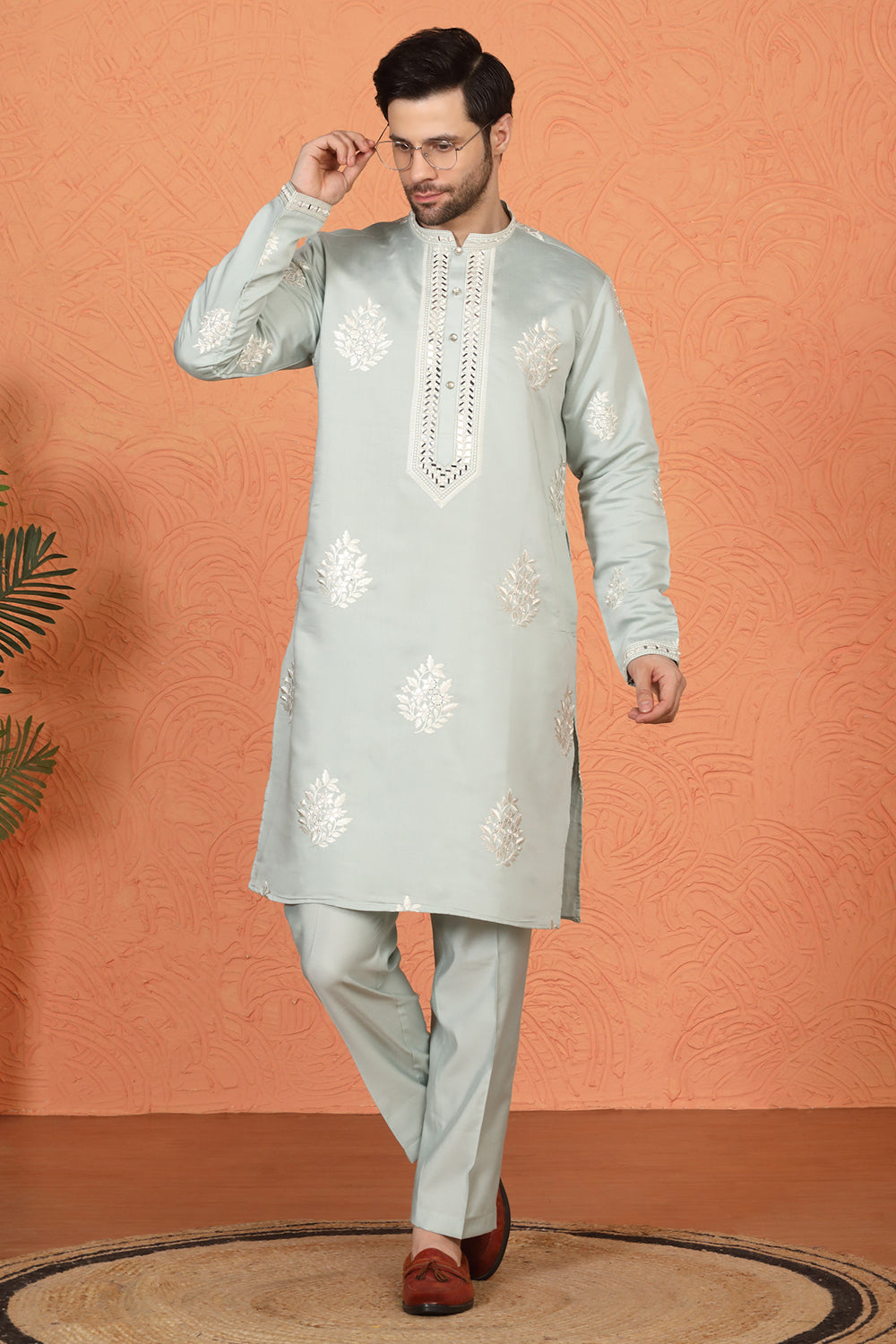 Saaheb  Embroidered  Kurta with Back Elastic Matching Pants